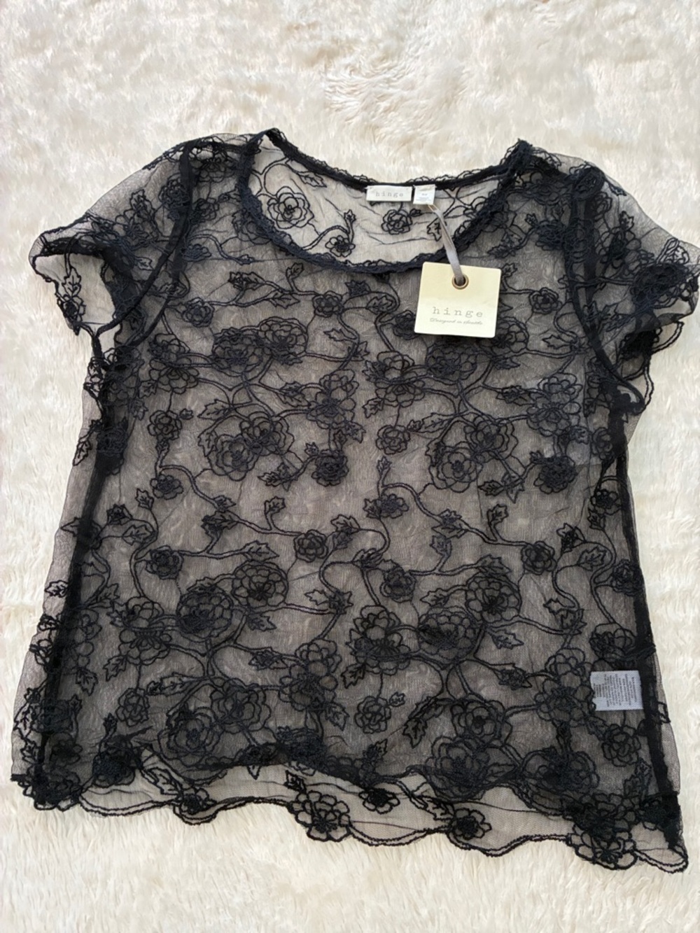 hinge Black Floral Lace Sheer Short Sleeve Top
